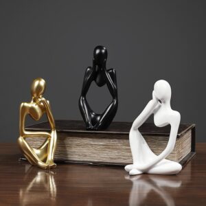 Escultura Abstrata de Resina | Pensador | Branco, Dourado e Preto