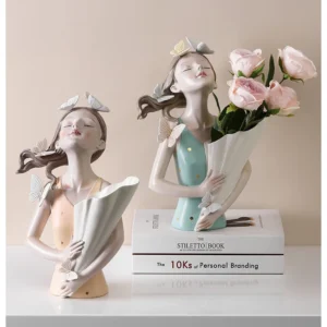 Escultura Em Resina Garota Pri Vaso Menina com Borboletas